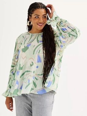 Nine West Green, Blue & Cream Pleated Long-Sleeve Blouse